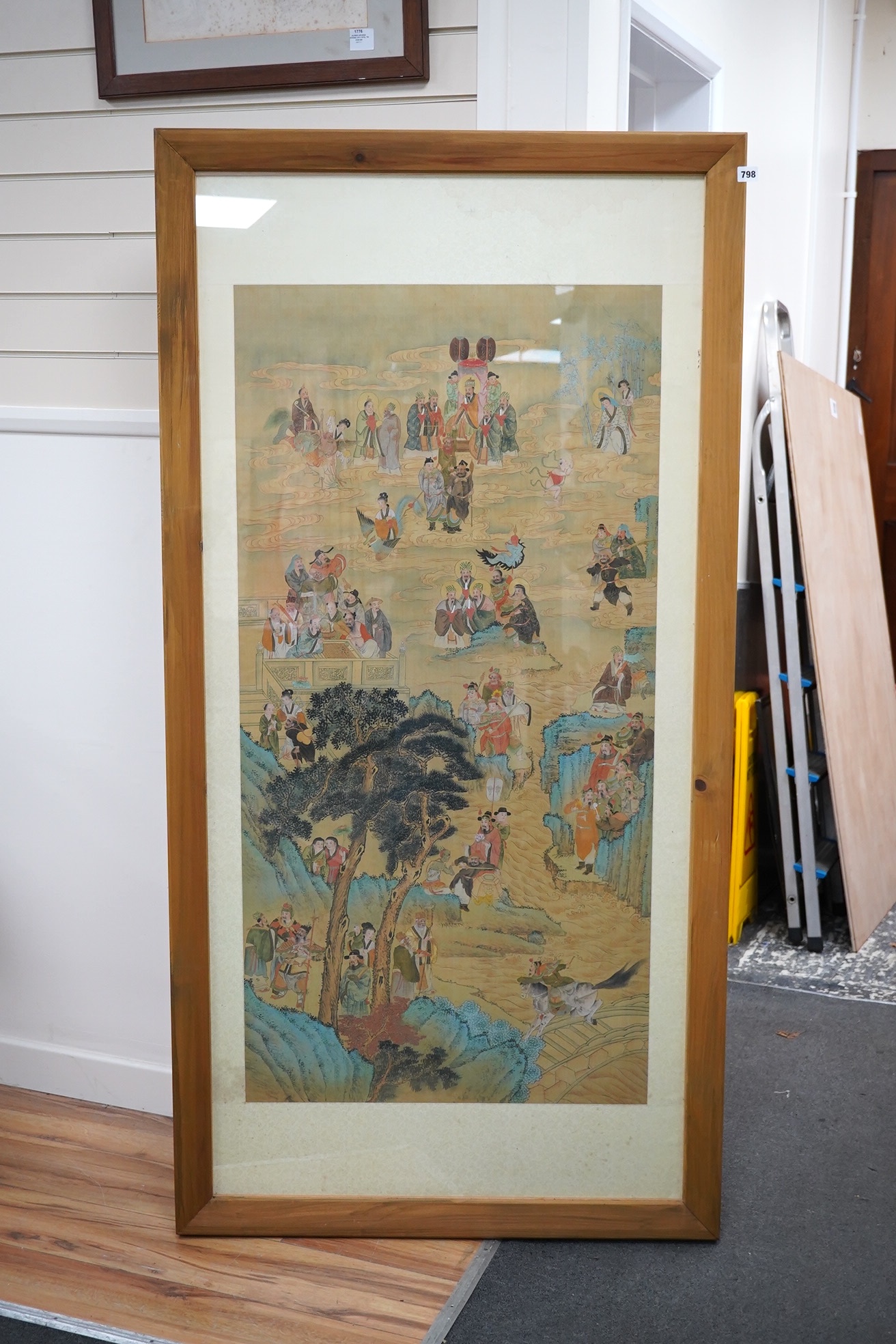 20th century Chinese School, watercolour in the Ming style, Immortals, 127 x 64cm. Condition - fair